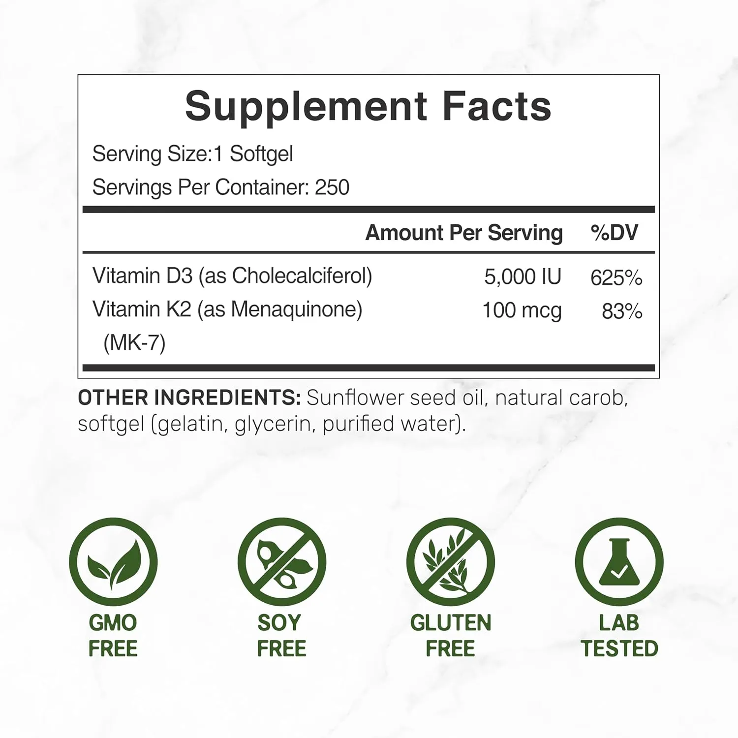 DEAL SUPPLEMENT Vitamin D3 K2 Softgel, 250 Count, 2-1 Complex, Vitamin D3 5000 IU & Vitamin K2 MK7, Promotes Heart, Bone & Teeth Health – Easy to Swallow