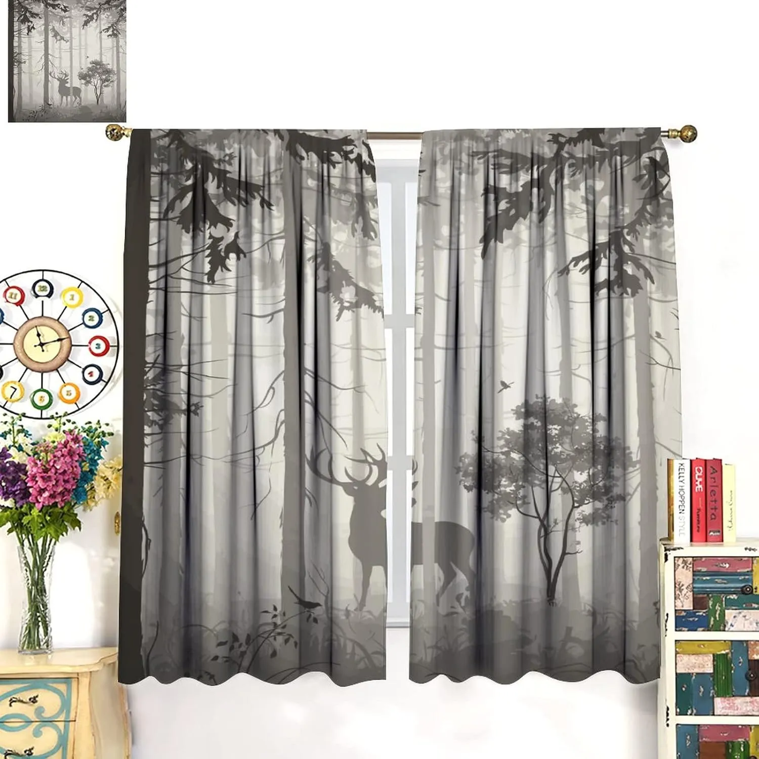 Deer Blackout Curtain,Grey Misty Forest Rustic Wildlife Moose Mountain Elk Pine Forest Silhouette Window Curtains for Living Room Office Decor Window Drapes,2 Panels W42 xL63