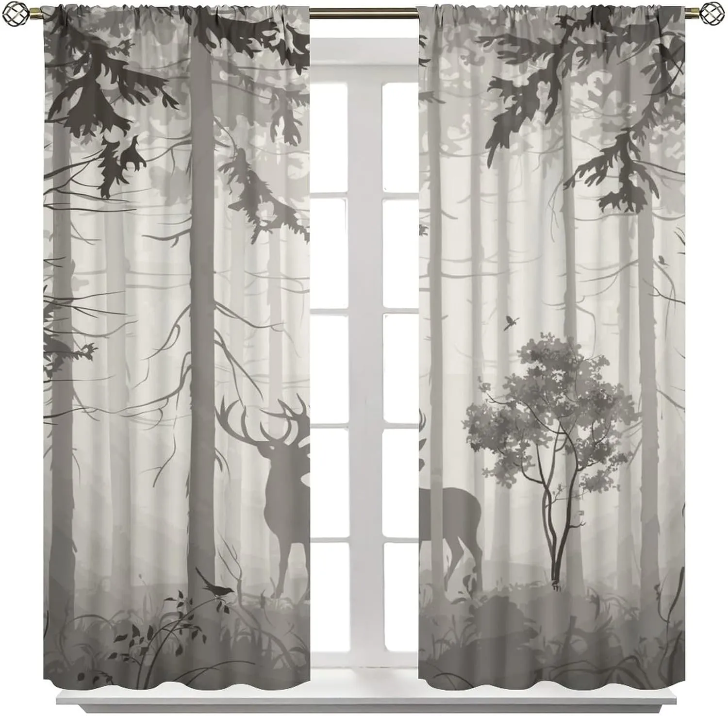 Deer Blackout Curtain,Grey Misty Forest Rustic Wildlife Moose Mountain Elk Pine Forest Silhouette Window Curtains for Living Room Office Decor Window Drapes,2 Panels W42 xL63