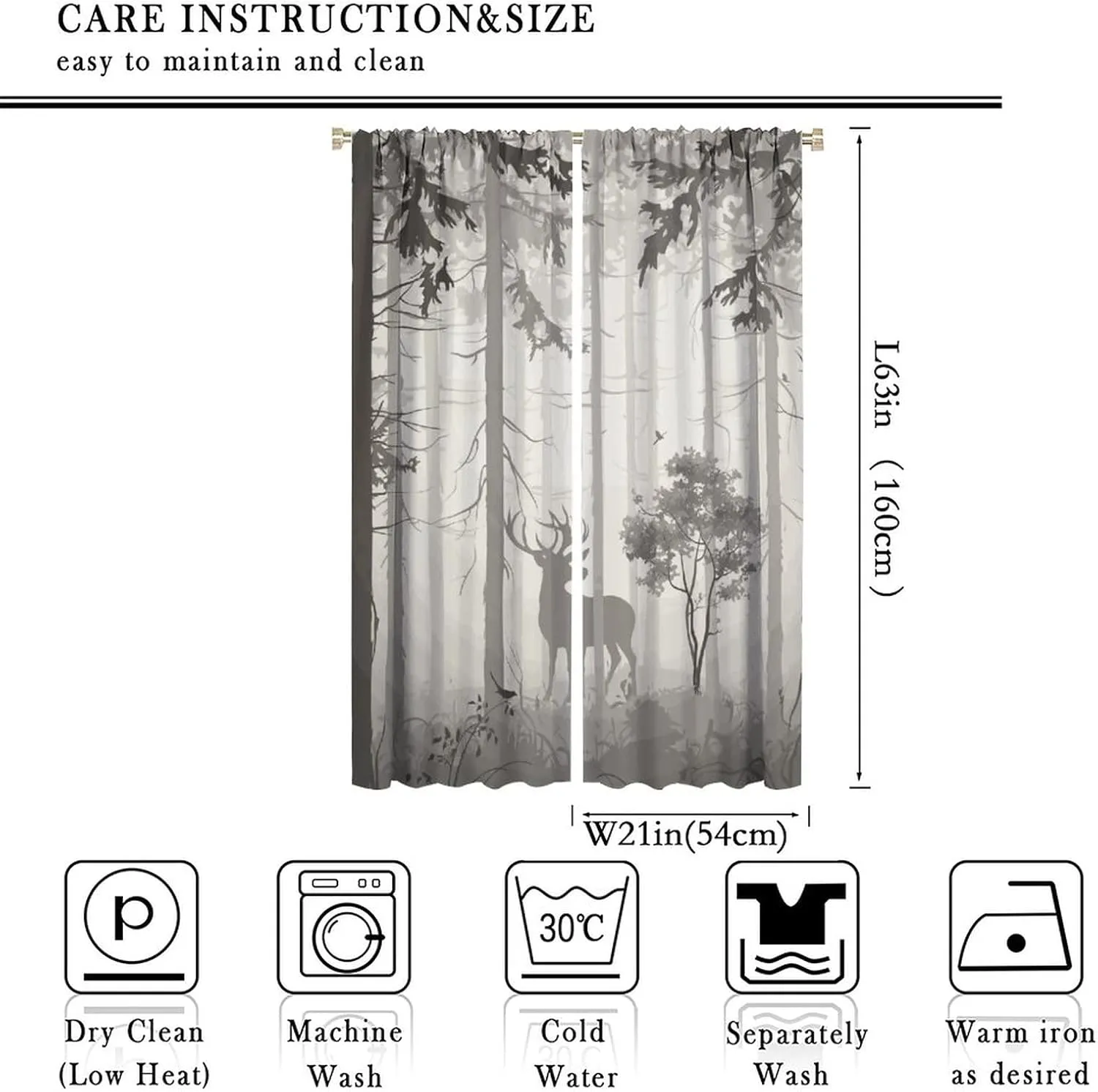 Deer Blackout Curtain,Grey Misty Forest Rustic Wildlife Moose Mountain Elk Pine Forest Silhouette Window Curtains for Living Room Office Decor Window Drapes,2 Panels W42 xL63