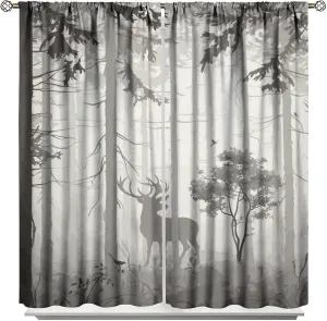 Deer Blackout Curtain,Grey Misty Forest Rustic Wildlife Moose Mountain Elk Pine Forest Silhouette Window Curtains for Living Room Office Decor Window Drapes,2 Panels W42 xL63