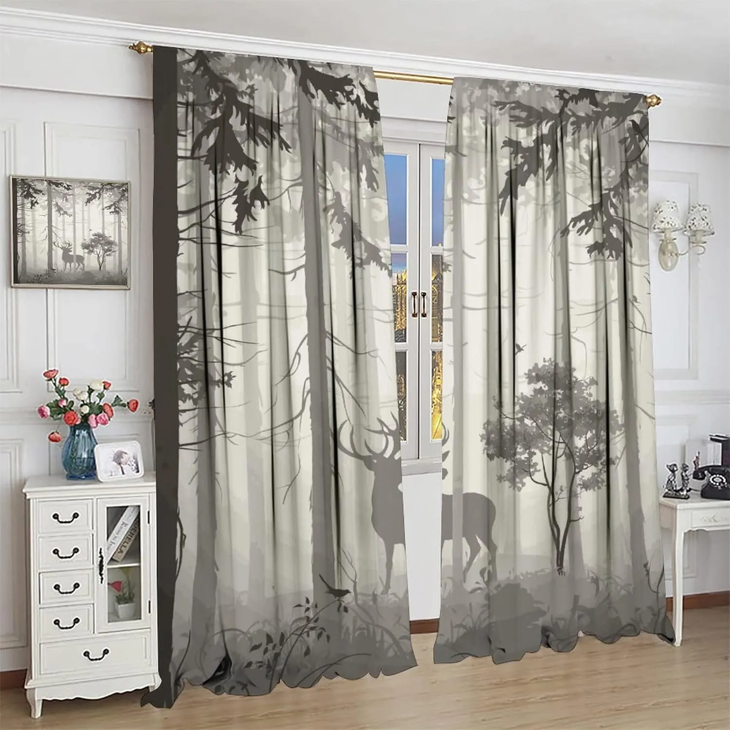 Deer Blackout Curtain,Grey Misty Forest Rustic Wildlife Moose Mountain Elk Pine Forest Silhouette Window Curtains for Living Room Office Decor Window Drapes,2 Panels W42 xL63