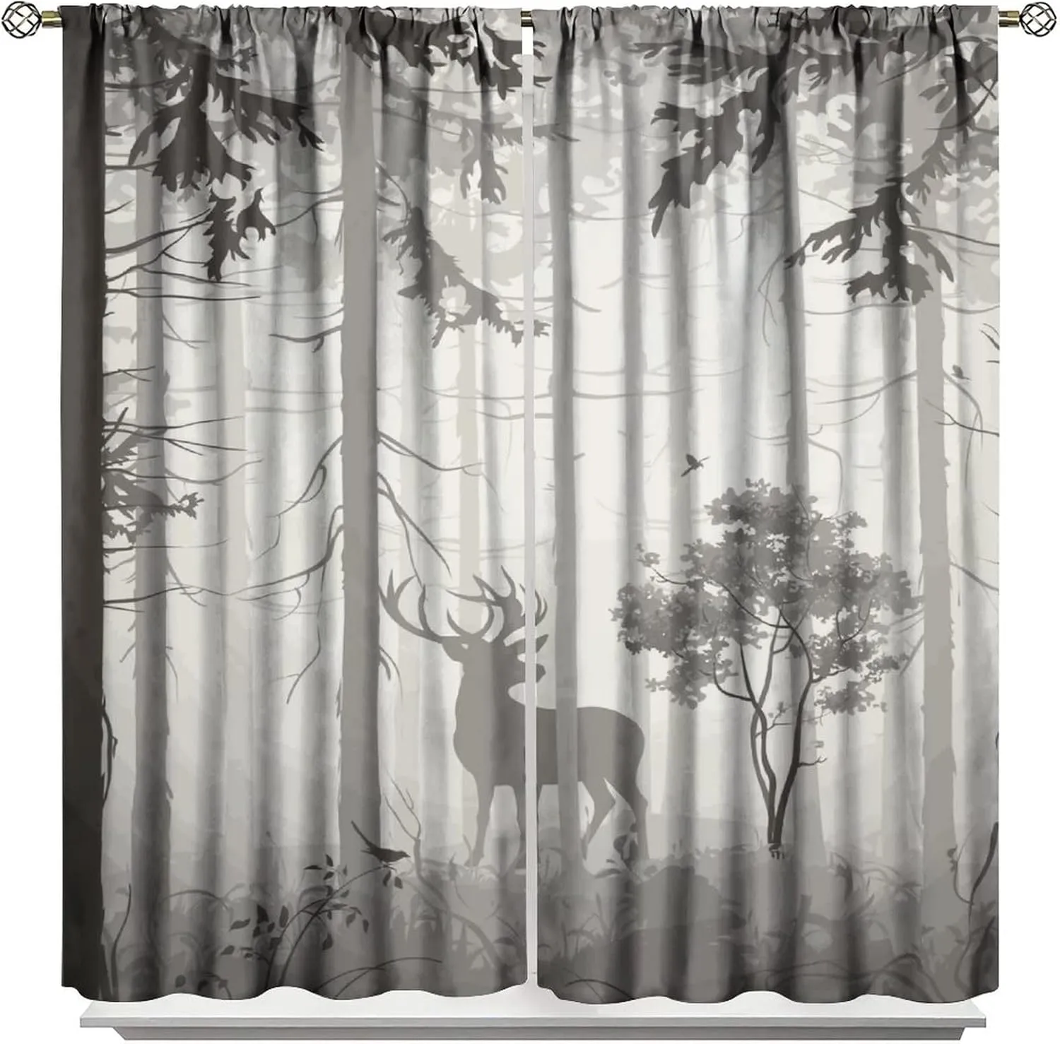 Deer Blackout Curtain,Grey Misty Forest Rustic Wildlife Moose Mountain Elk Pine Forest Silhouette Window Curtains for Living Room Office Decor Window Drapes,2 Panels W42 xL63