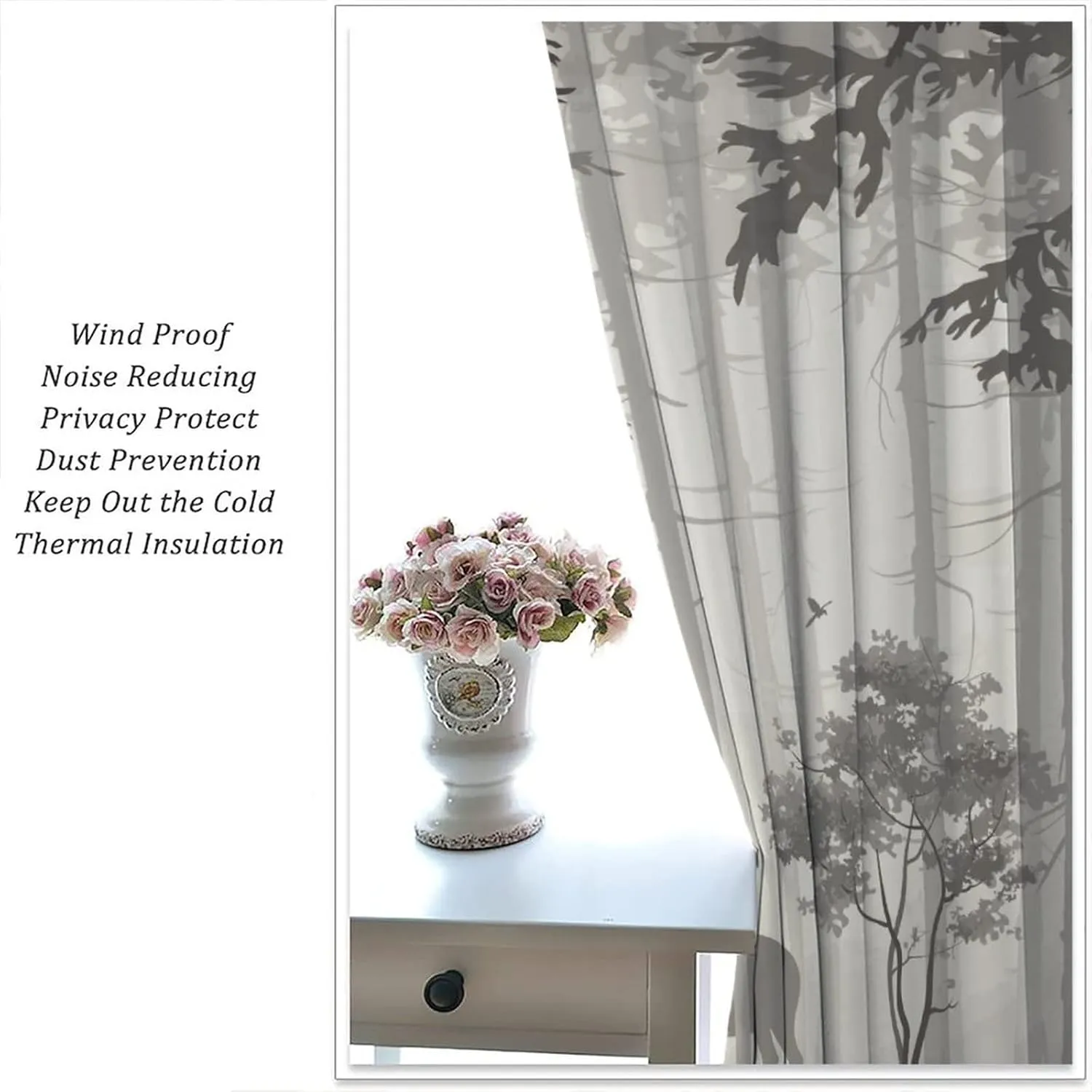 Deer Blackout Curtain,Grey Misty Forest Rustic Wildlife Moose Mountain Elk Pine Forest Silhouette Window Curtains for Living Room Office Decor Window Drapes,2 Panels W42 xL63