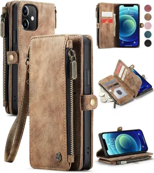 Defencase Compatible with iPhone 12/Pro Case Wallet with Card Holder for Women Men, PU Leather Magnetic Snap Flip Zipper Strap Wallet Phone Case Fit for iPhone 12 Pro 6.1", Fashion Brown