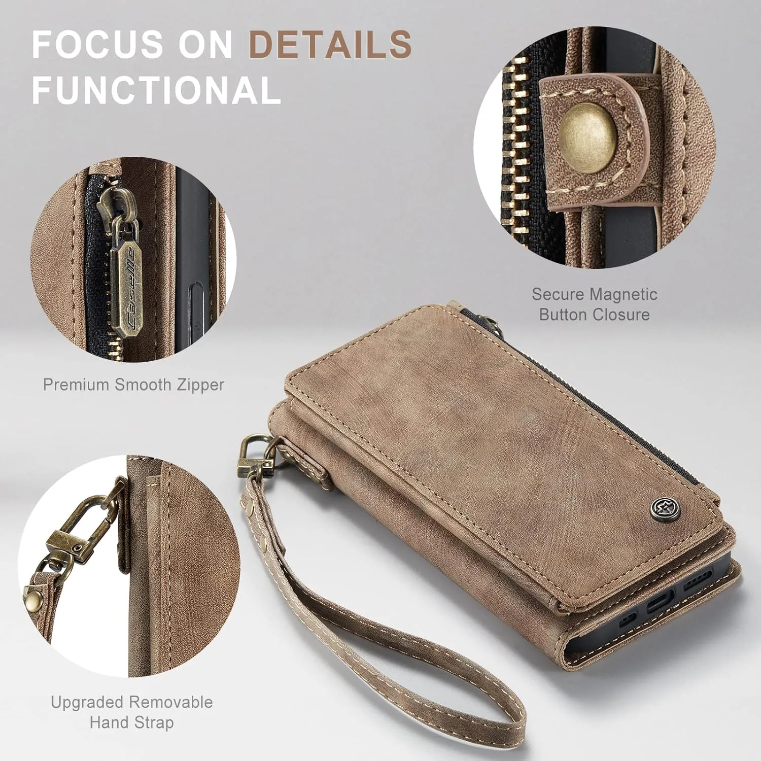 Defencase Compatible with iPhone 12/Pro Case Wallet with Card Holder for Women Men, PU Leather Magnetic Snap Flip Zipper Strap Wallet Phone Case Fit for iPhone 12 Pro 6.1", Fashion Brown