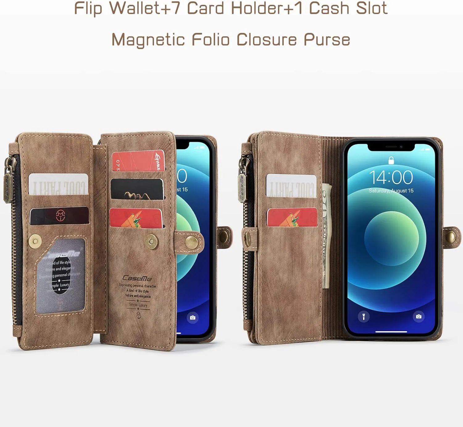 Defencase Compatible with iPhone 12/Pro Case Wallet with Card Holder for Women Men, PU Leather Magnetic Snap Flip Zipper Strap Wallet Phone Case Fit for iPhone 12 Pro 6.1", Fashion Brown