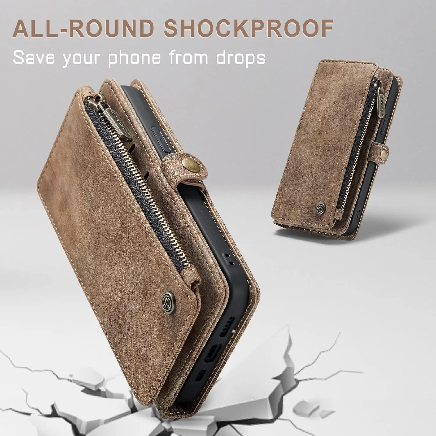 Defencase Compatible with iPhone 12/Pro Case Wallet with Card Holder for Women Men, PU Leather Magnetic Snap Flip Zipper Strap Wallet Phone Case Fit for iPhone 12 Pro 6.1", Fashion Brown