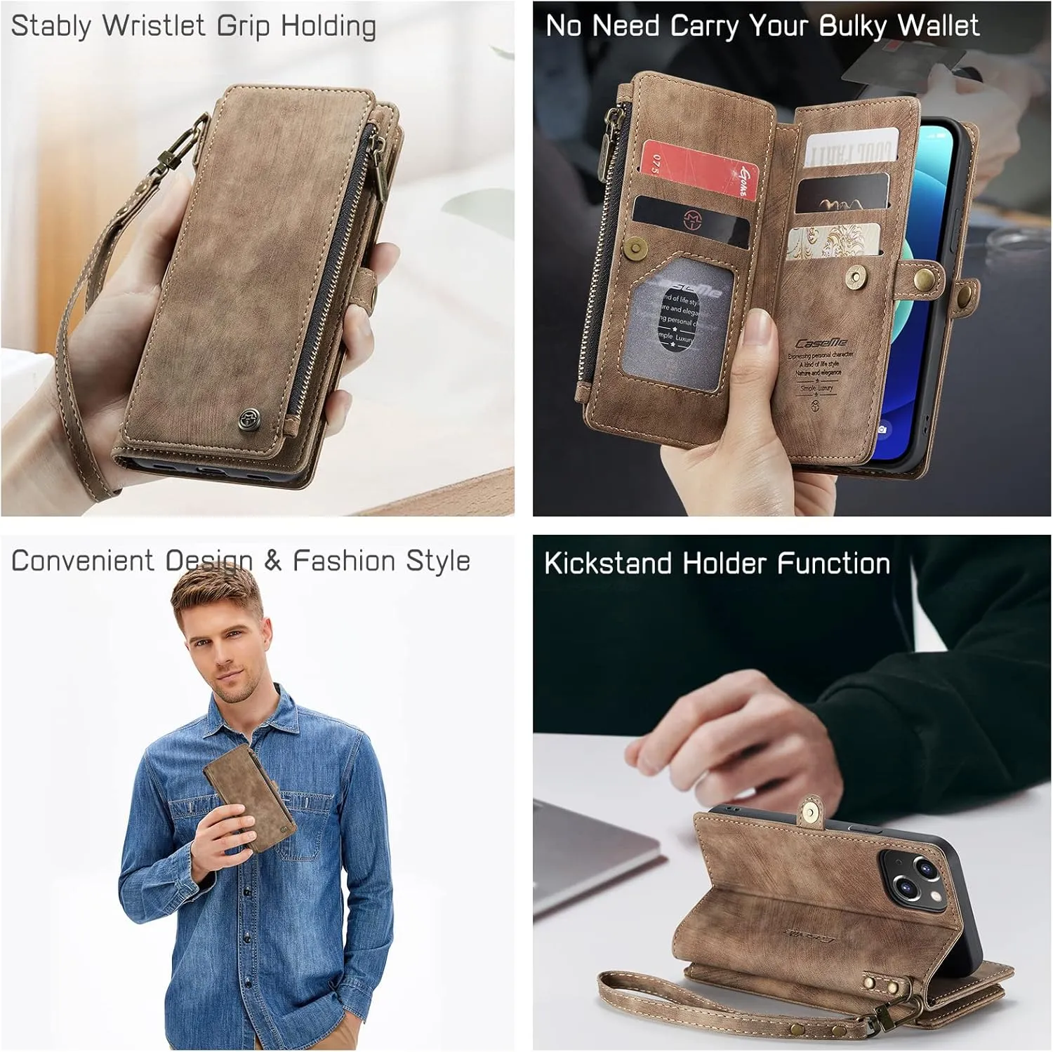 Defencase Compatible with iPhone 12/Pro Case Wallet with Card Holder for Women Men, PU Leather Magnetic Snap Flip Zipper Strap Wallet Phone Case Fit for iPhone 12 Pro 6.1", Fashion Brown