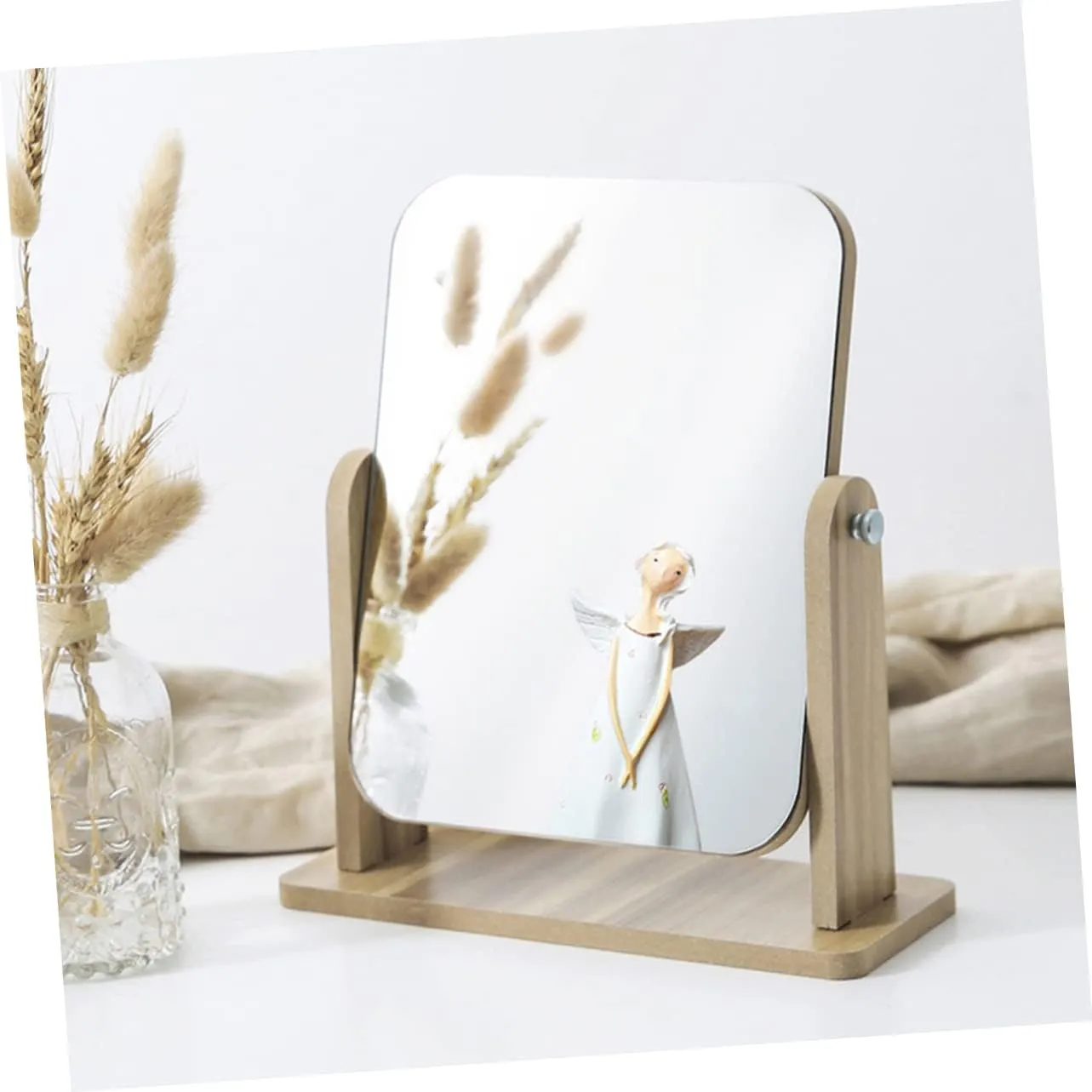 Desktop Mirror Rotatable Square Makeup Mirror Wooden Frame for Women Girls Led Lighted for Daily Use