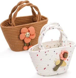 Dicunoy 2 PCS Little Girls Purses, Small Flower Handbags with Handles, Cute Easter Cotton Woven Beach Boho Bags for Toddler, Princess, Outdoor Activities, Gift