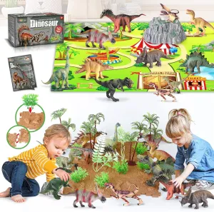 Dinosaur Toys with Play Mat&Plants&Booklet for Kids Ages 3-12, Play Sets of 46 Includes 12 Different Dinosaurs 16 Building Blocks Toys Set for Boys Girls, Christmas Birthday Gift