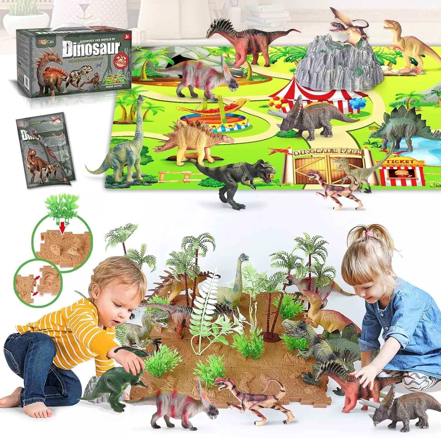Dinosaur Toys with Play Mat&Plants&Booklet for Kids Ages 3-12, Play Sets of 46 Includes 12 Different Dinosaurs 16 Building Blocks Toys Set for Boys Girls, Christmas Birthday Gift