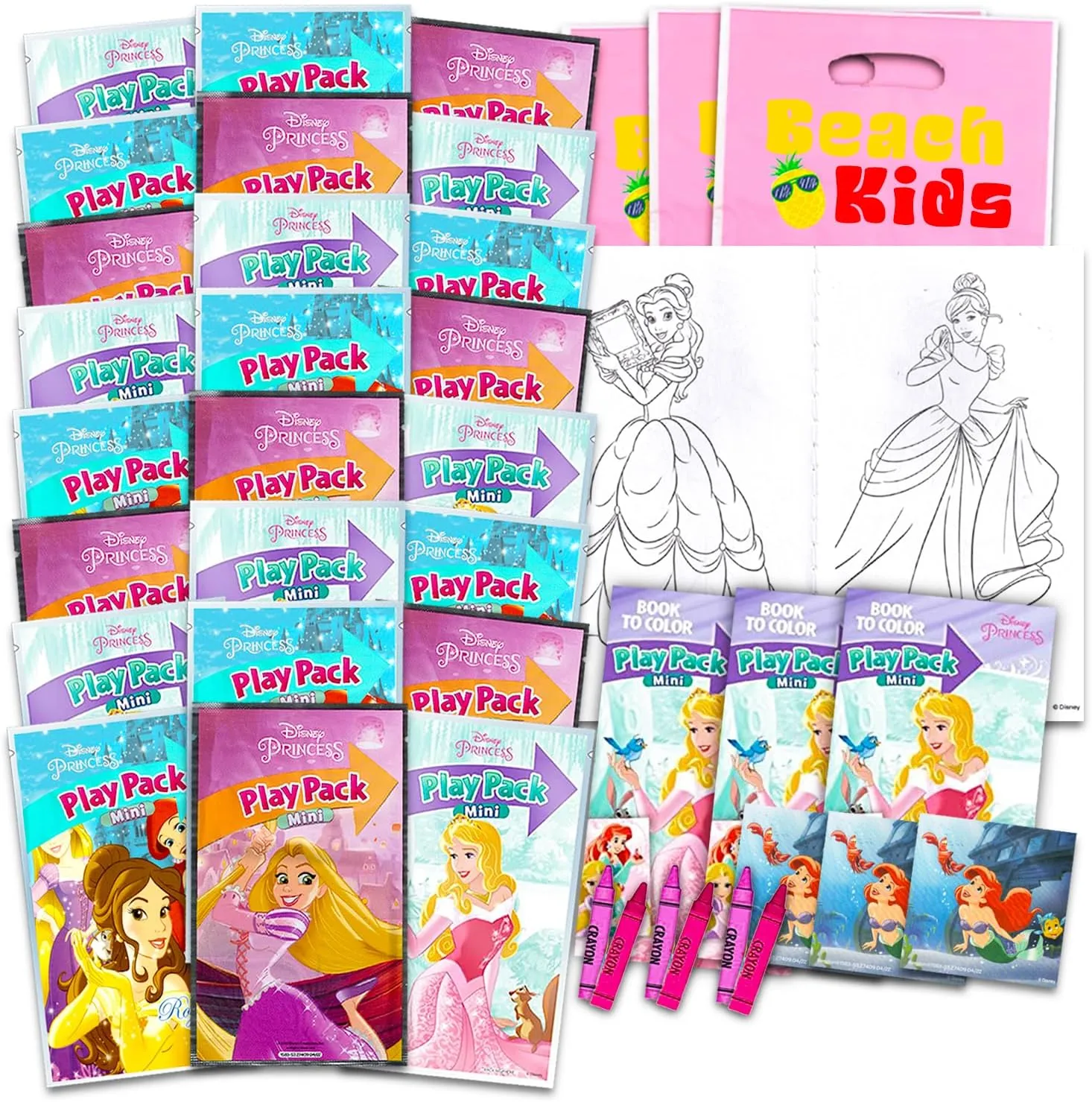 Disney Princess Mini Coloring Play Packs - 24 Pc Bundle with 24 Disney Princess Grab and Go Play Packs with Coloring Pages, Stickers, More | Disney Princess Party Favors Bulk