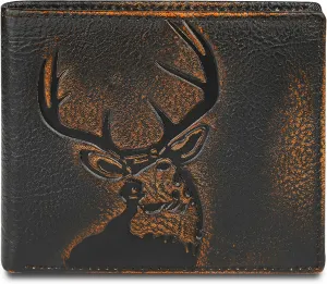 DK86 Deer Bifold Wallet for Men RFID Blocking Full Grain Leather With Hand Burnished Extra Capacity Multiple Card Slots with 2 ID Windows (black orange with deer)
