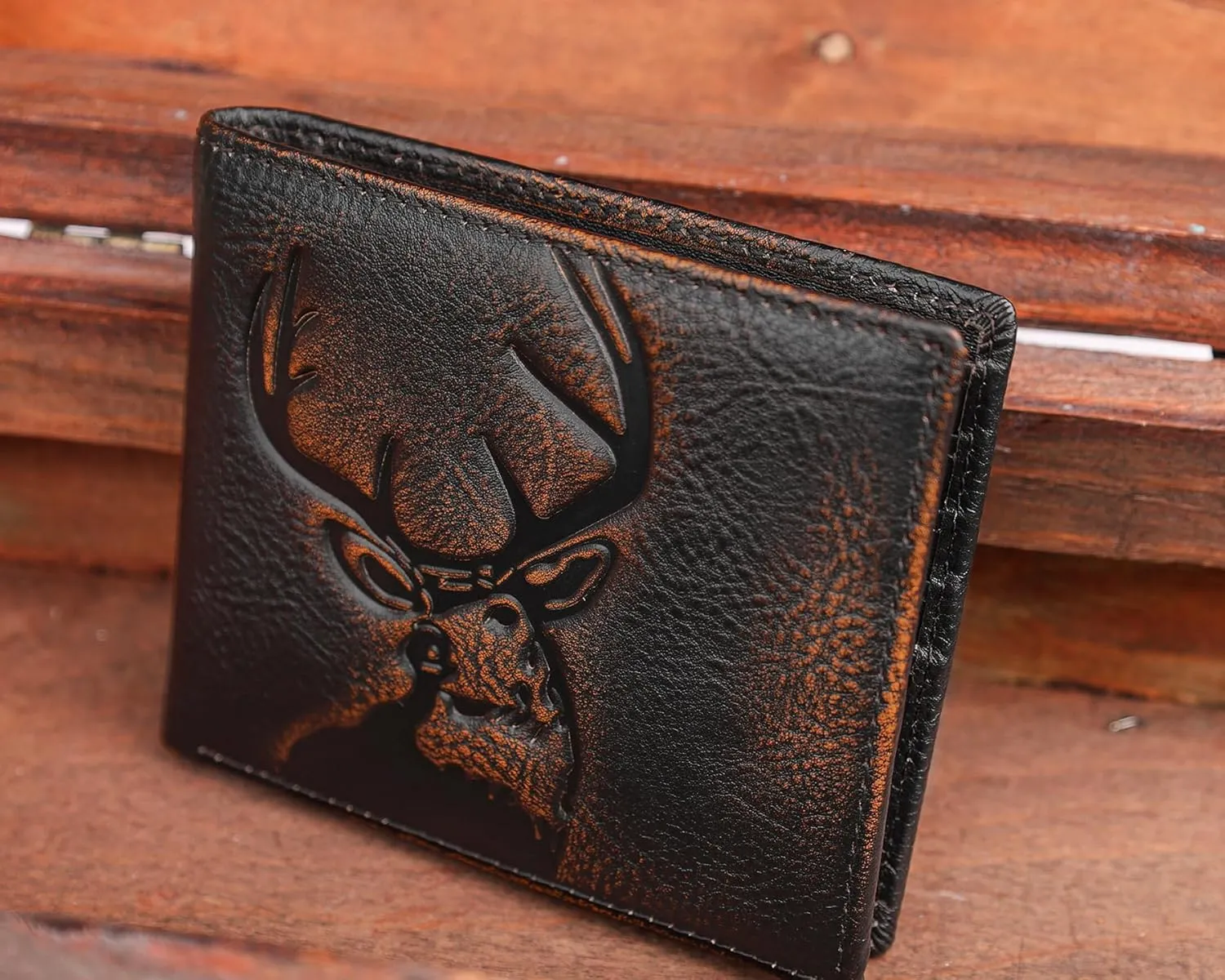 DK86 Deer Bifold Wallet for Men RFID Blocking Full Grain Leather With Hand Burnished Extra Capacity Multiple Card Slots with 2 ID Windows (black orange with deer)
