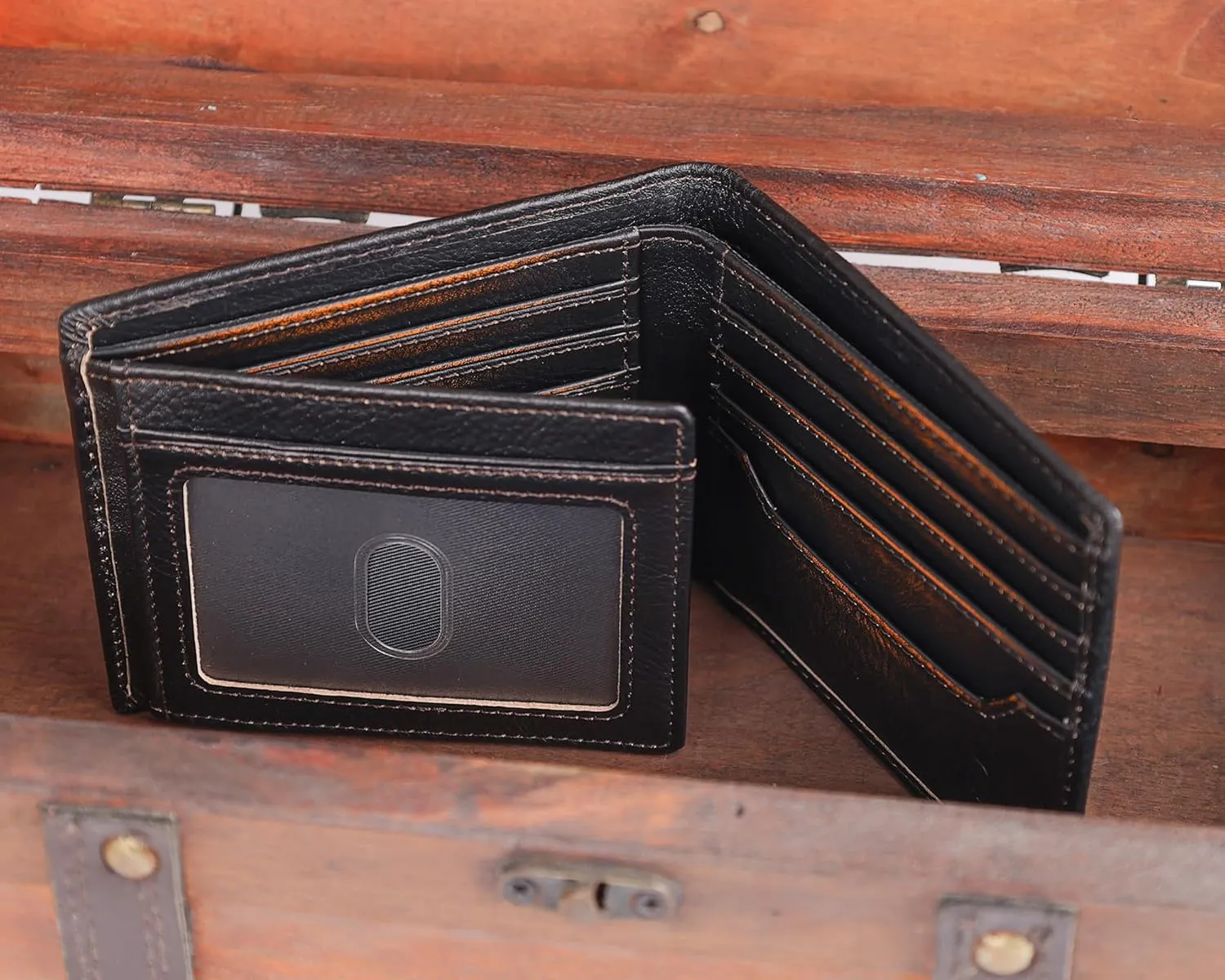 DK86 Deer Bifold Wallet for Men RFID Blocking Full Grain Leather With Hand Burnished Extra Capacity Multiple Card Slots with 2 ID Windows (black orange with deer)