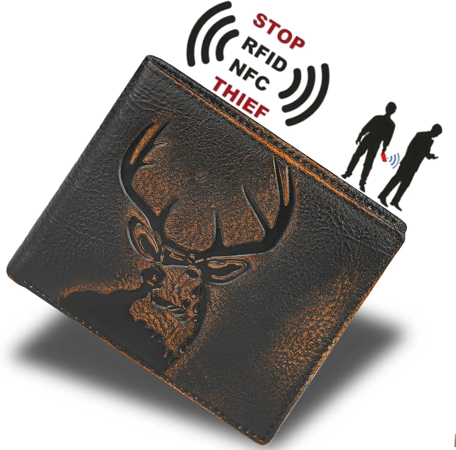 DK86 Deer Bifold Wallet for Men RFID Blocking Full Grain Leather With Hand Burnished Extra Capacity Multiple Card Slots with 2 ID Windows (black orange with deer)