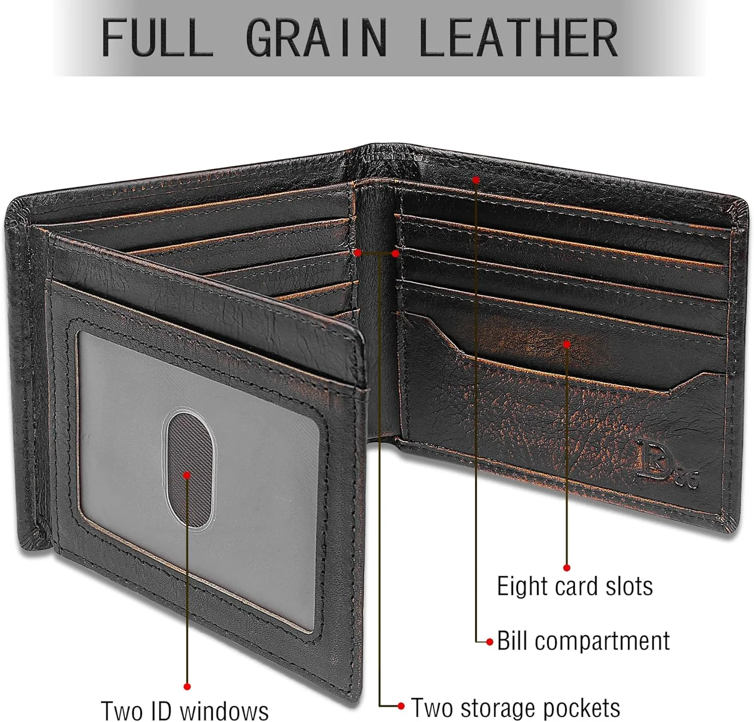 DK86 Deer Bifold Wallet for Men RFID Blocking Full Grain Leather With Hand Burnished Extra Capacity Multiple Card Slots with 2 ID Windows (black orange with deer)