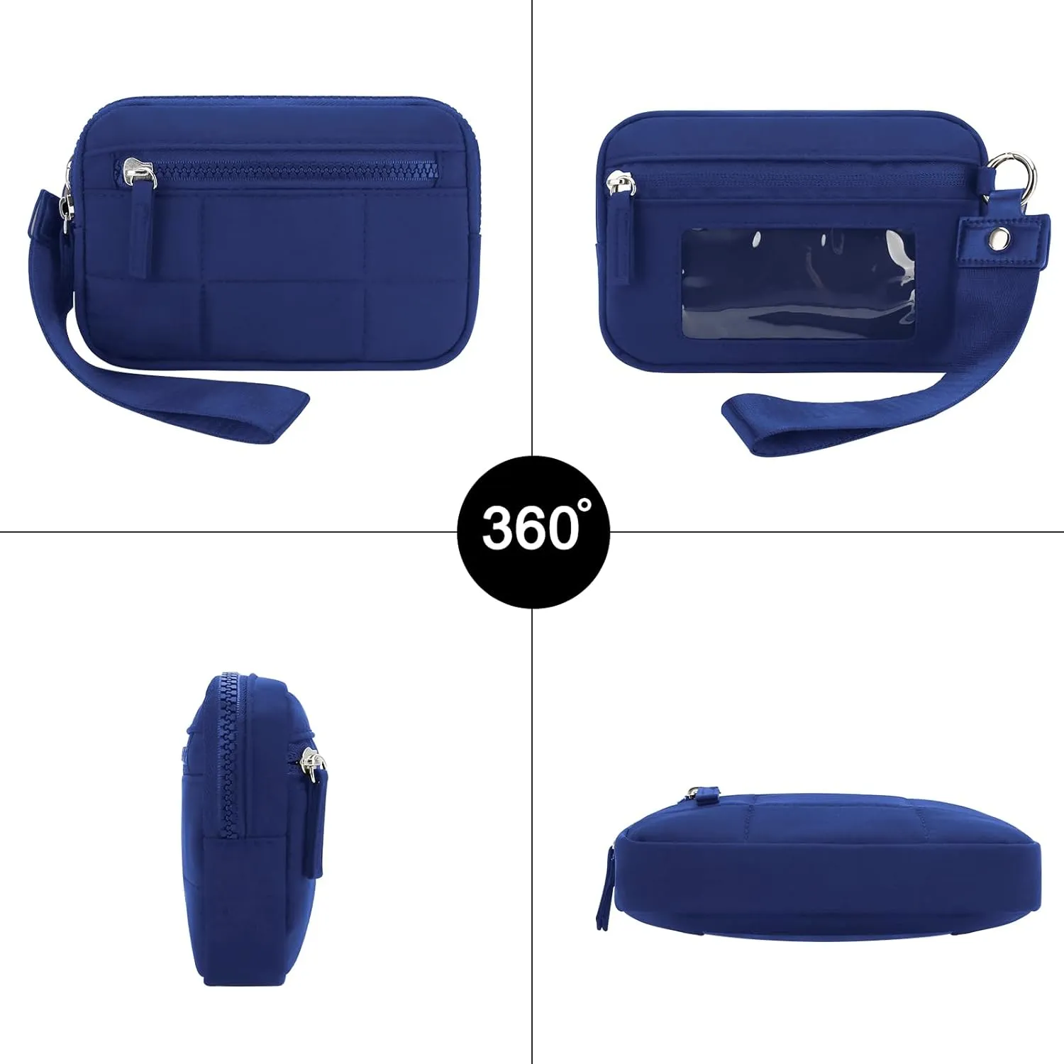 DOB SECHS Small Wristlet Wallet for Women RFID Nylon Quilted Clutch Phone Bag with 3 Zipper Pockets Back Clear Pocket