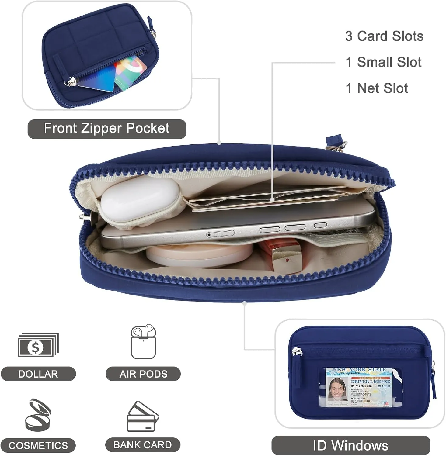 DOB SECHS Small Wristlet Wallet for Women RFID Nylon Quilted Clutch Phone Bag with 3 Zipper Pockets Back Clear Pocket