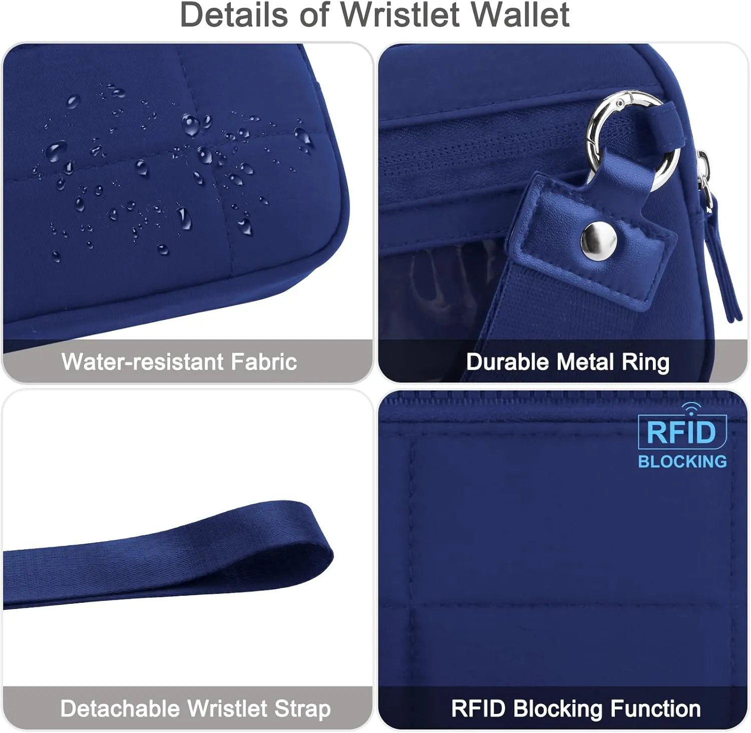 DOB SECHS Small Wristlet Wallet for Women RFID Nylon Quilted Clutch Phone Bag with 3 Zipper Pockets Back Clear Pocket