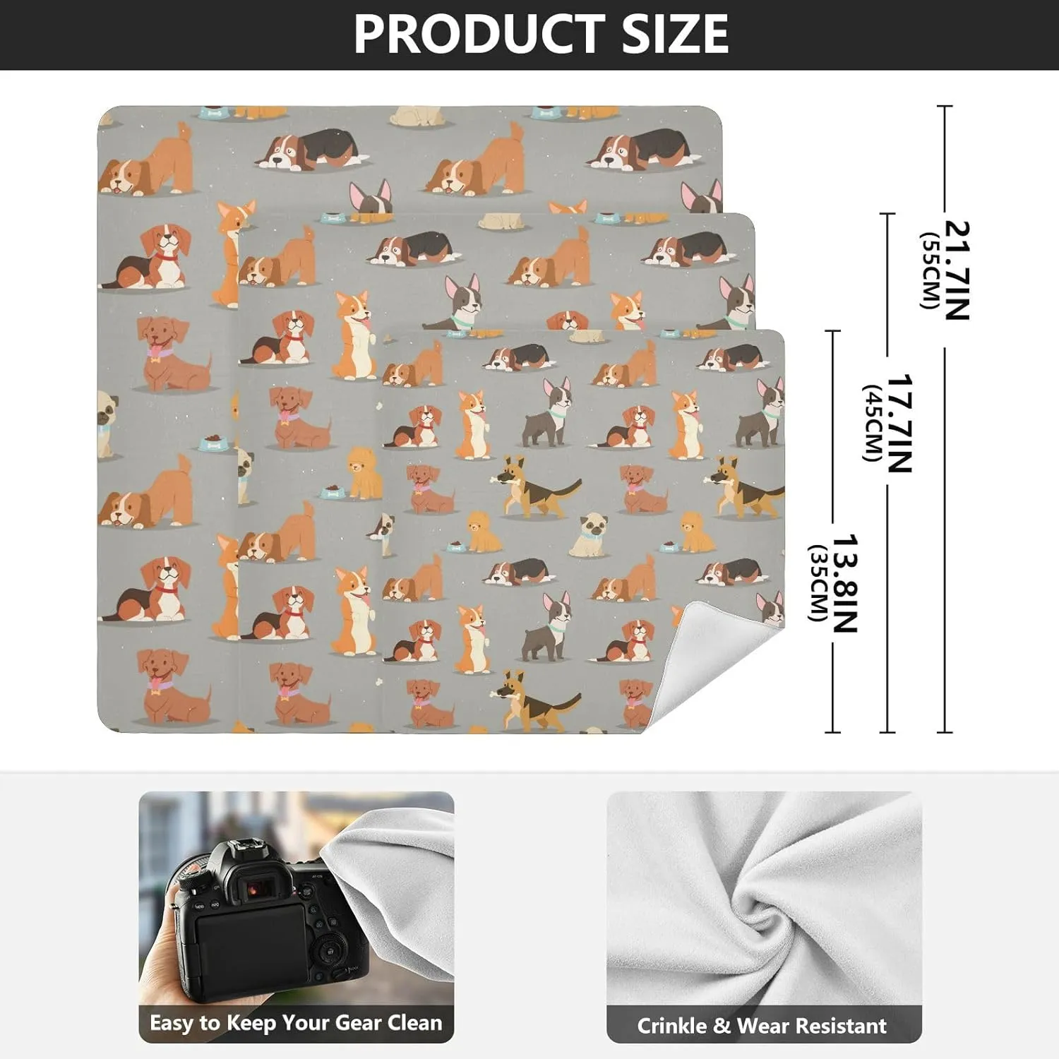 Dogs Breed Cute Puppy Self-Adhesive Magic Cloth Portable Cosmetic Bag Travel Organizer Lens Protector Wrap - 21.7x21.7in