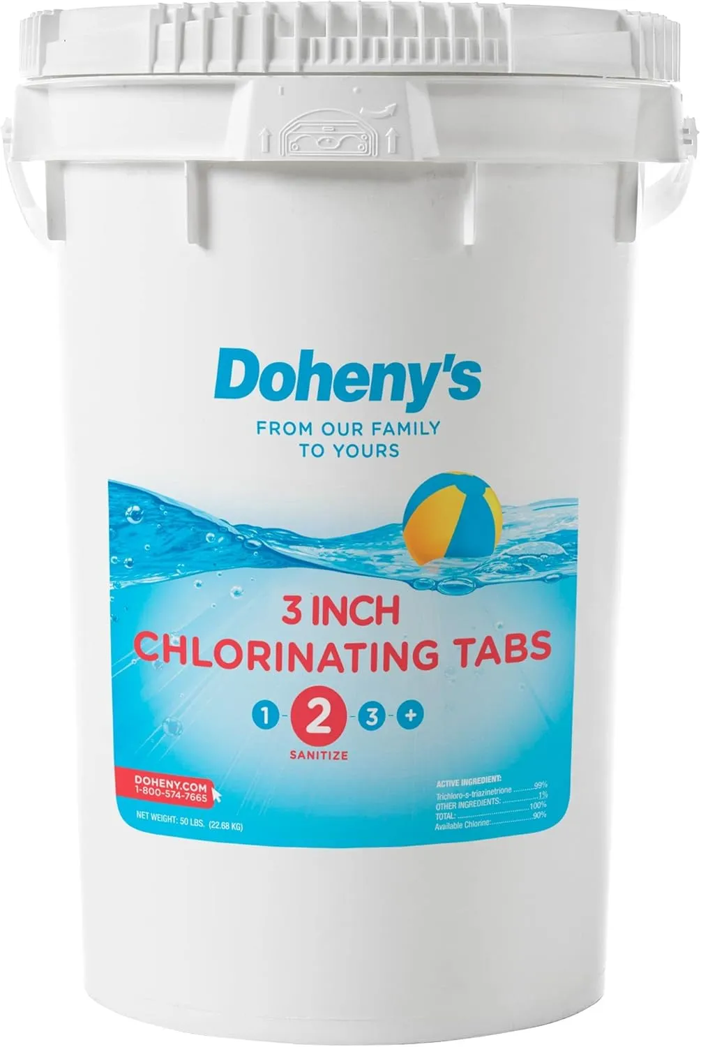 Doheny’s 3-Inch Stabilized Chlorine Tablets | 99% Pure Tri-Chlor, 90% Available Chlorine | Long-Lasting, UV-Protected, Slow-Dissolving Pool Sanitizer | Individually Wrapped, Childproof 50lb Bucket