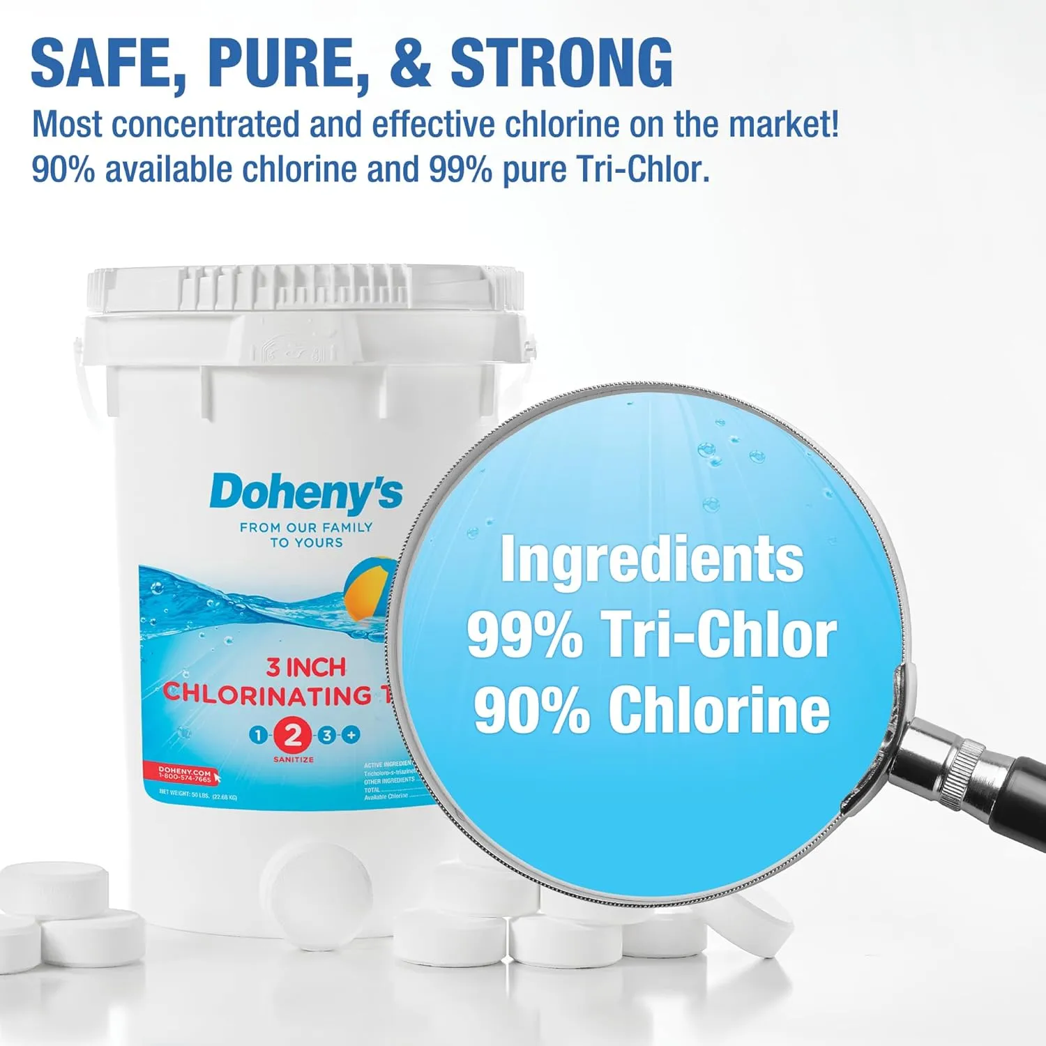 Doheny’s 3-Inch Stabilized Chlorine Tablets | 99% Pure Tri-Chlor, 90% Available Chlorine | Long-Lasting, UV-Protected, Slow-Dissolving Pool Sanitizer | Individually Wrapped, Childproof 50lb Bucket
