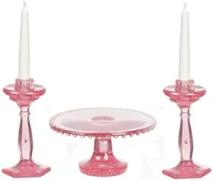 Dollhouse Miniature Chrysnbon Pink Cake Plate & Candlesticks Mini-kit
