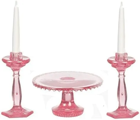 Dollhouse Miniature Chrysnbon Pink Cake Plate & Candlesticks Mini-kit