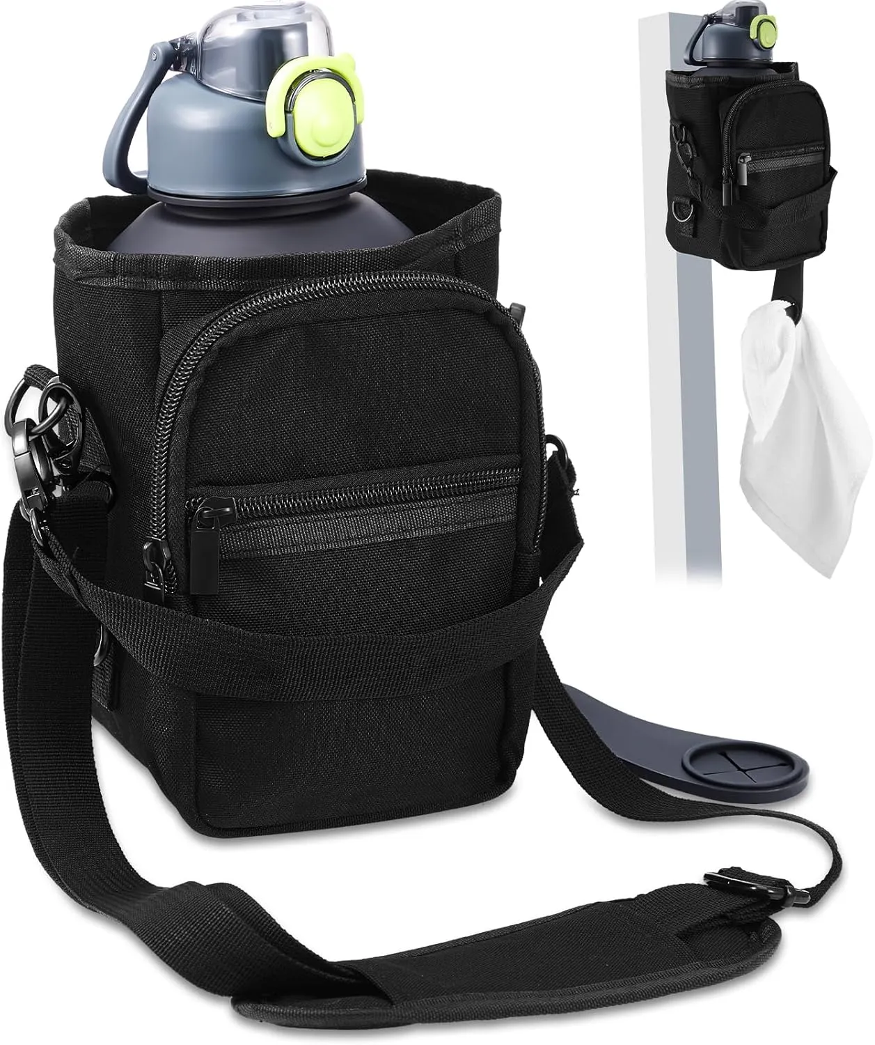 Domensi 64oz Magnetic Water Bottle Holder with Strap Gym Water Bottle Carrier Pouch Sleeve Crossbody Sling Bag with Phone Pocket Silicone Towel Buckle and Sling for Men Women Gym Accessories Organizer