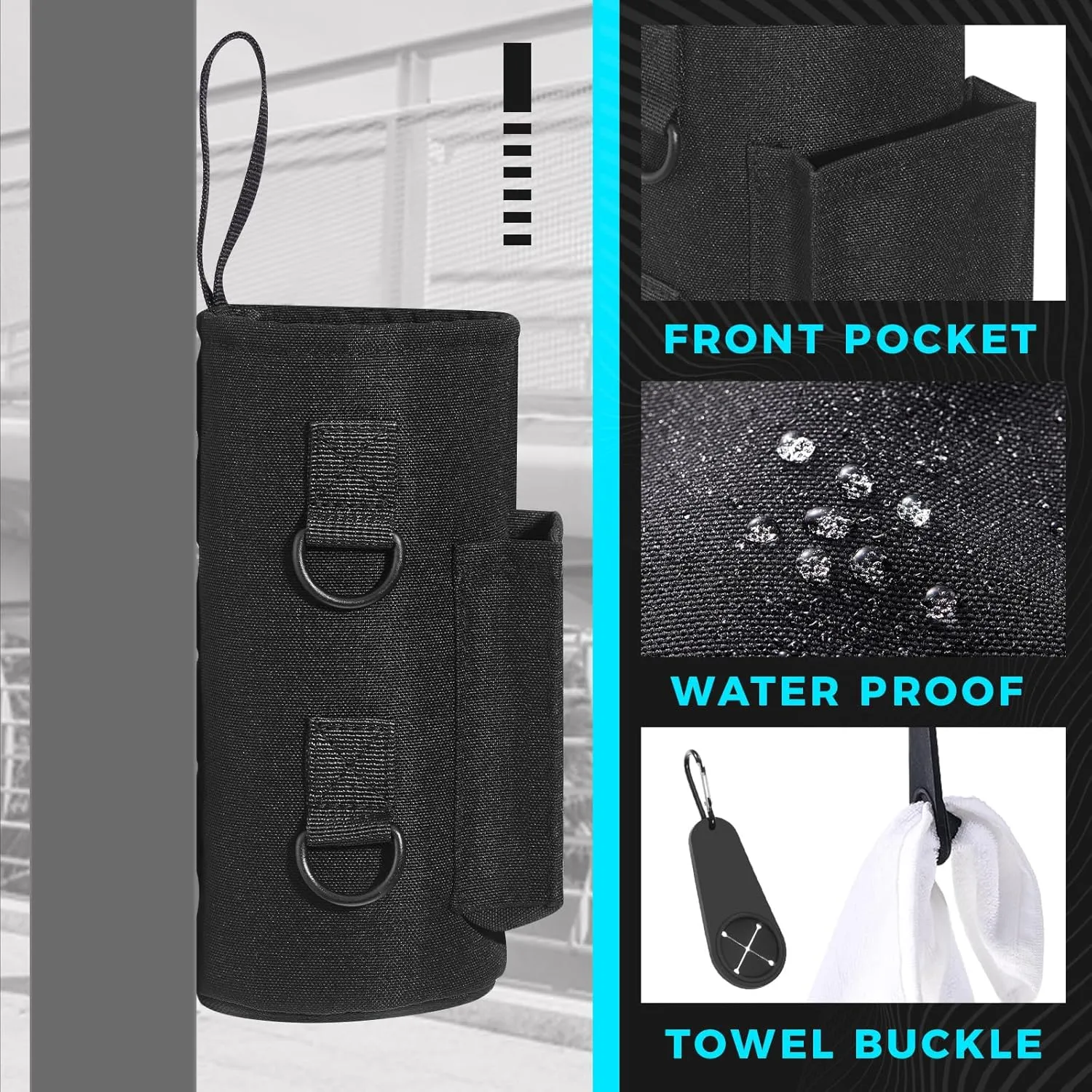 Domensi Magnetic Water Bottle Holder Gym Water Bottle Carrier Bag Pouch Sleeve with Phone Pocket Silicone Towel Buckle and Sling for Men Women Gym Accessories Organizer