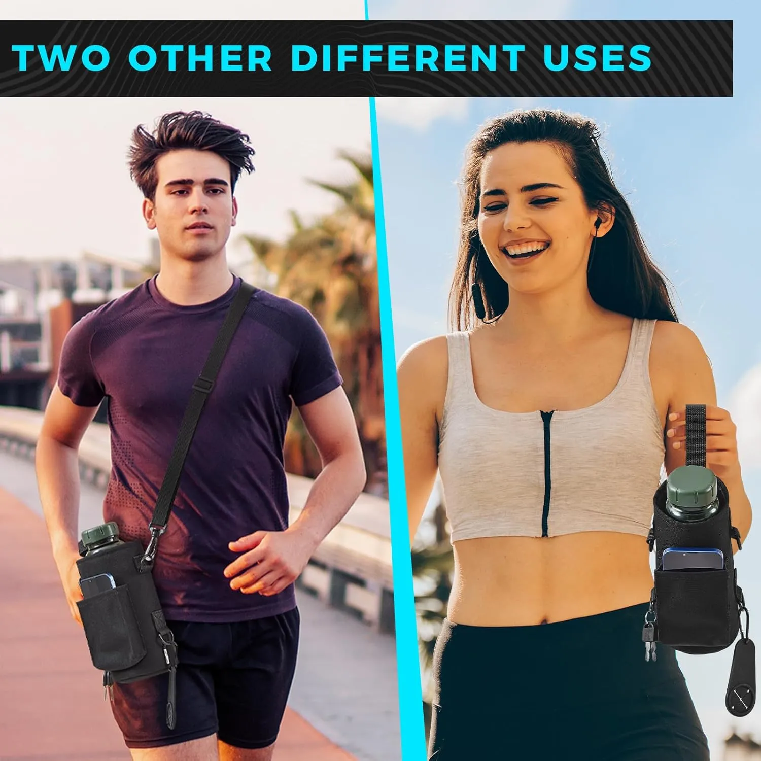 Domensi Magnetic Water Bottle Holder Gym Water Bottle Carrier Bag Pouch Sleeve with Phone Pocket Silicone Towel Buckle and Sling for Men Women Gym Accessories Organizer