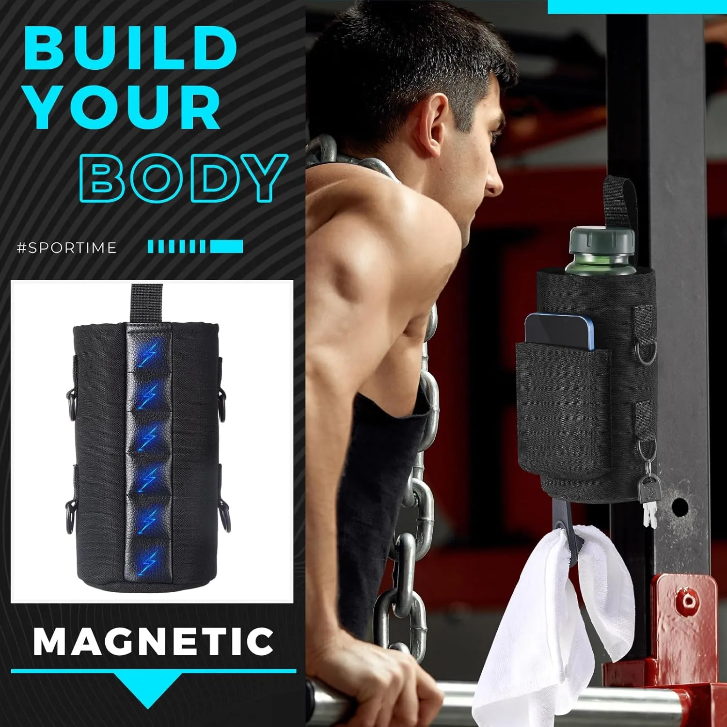 Domensi Magnetic Water Bottle Holder Gym Water Bottle Carrier Bag Pouch Sleeve with Phone Pocket Silicone Towel Buckle and Sling for Men Women Gym Accessories Organizer