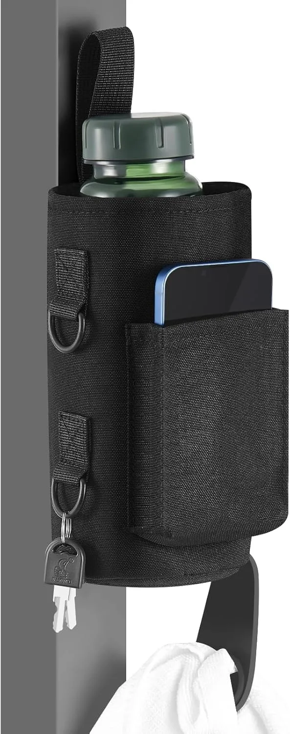 Domensi Magnetic Water Bottle Holder Gym Water Bottle Carrier Bag Pouch Sleeve with Phone Pocket Silicone Towel Buckle and Sling for Men Women Gym Accessories Organizer