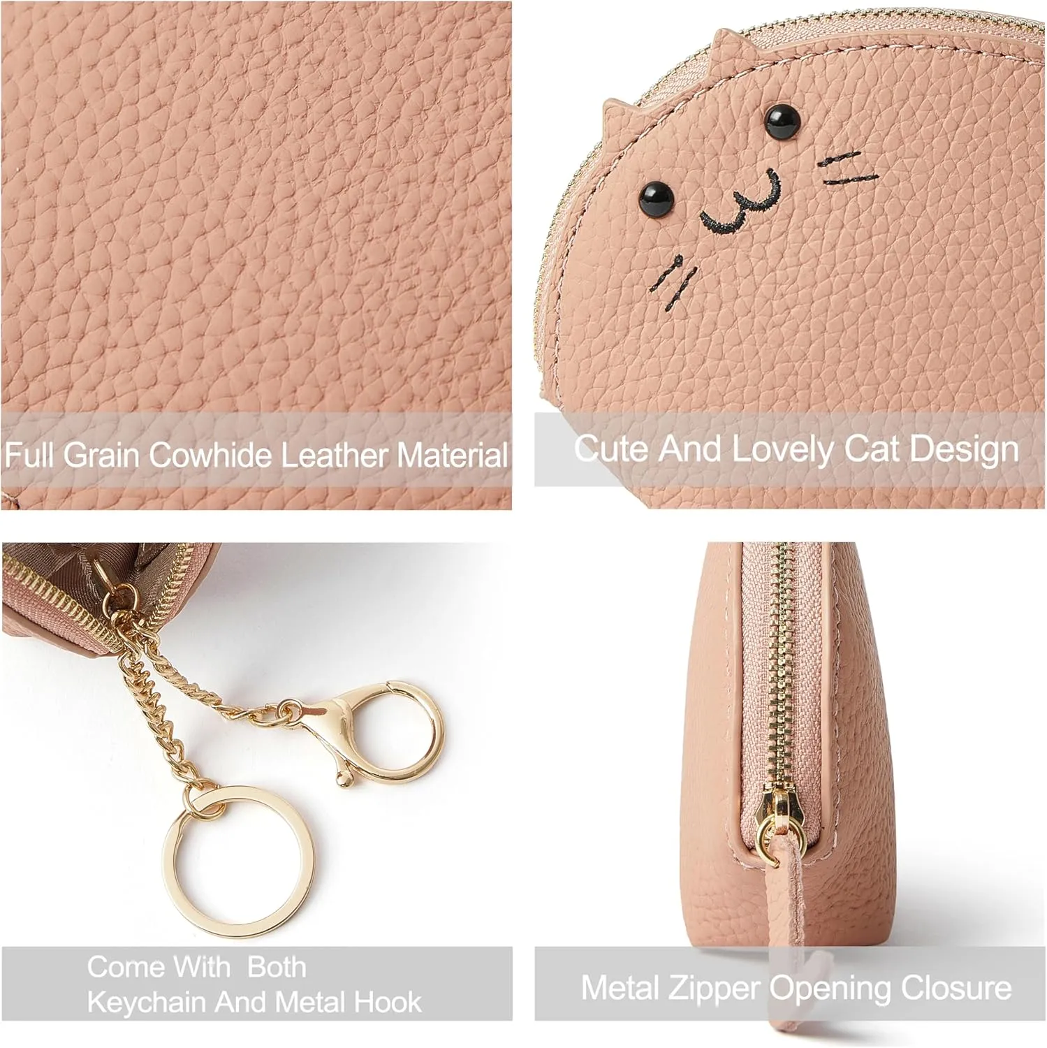 Doris&Jacky Leather Zipper Coin Purse Lovely Cat Design Coin Pouch And Wallet With Keychain (2-Light Pink)