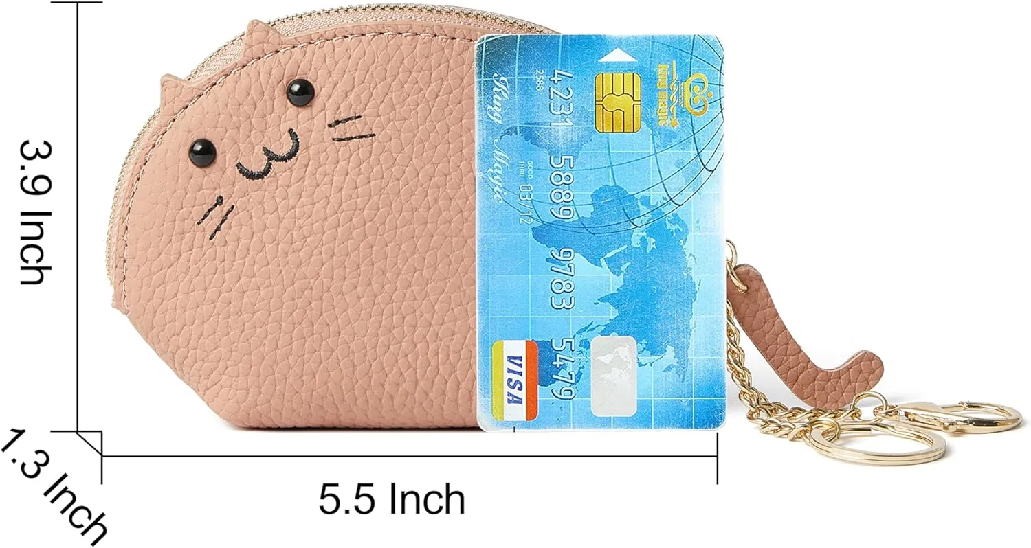 Doris&Jacky Leather Zipper Coin Purse Lovely Cat Design Coin Pouch And Wallet With Keychain (2-Light Pink)