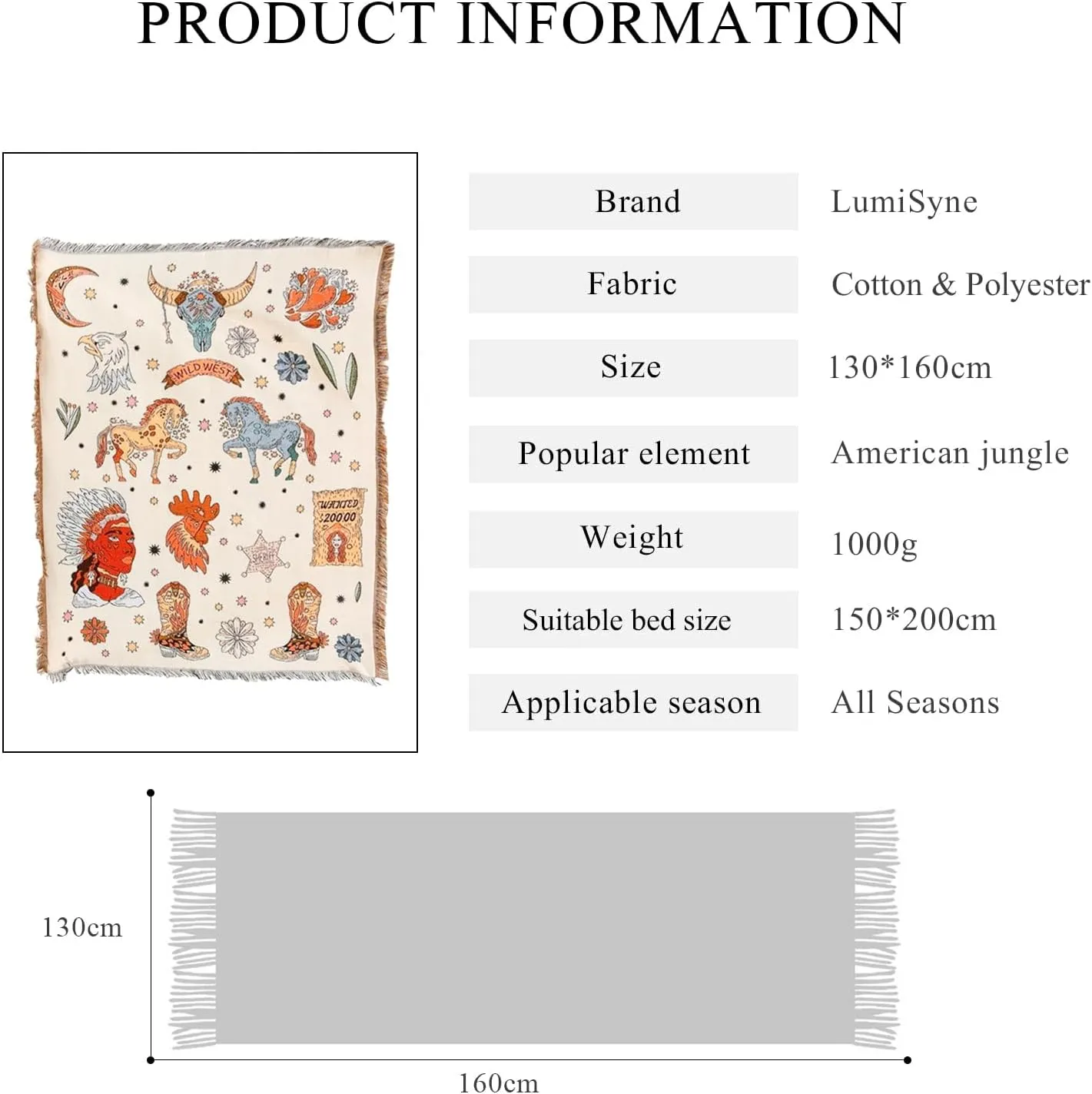 Double-Sided Cotton Woven Throw Blanket with Tassel Jungle Bohemian Style Tapestry Shawl Multi-Function Decorative Throws for Sofa Bed Armchair Camping Blanket Tablecloth Carpet 160x130cm