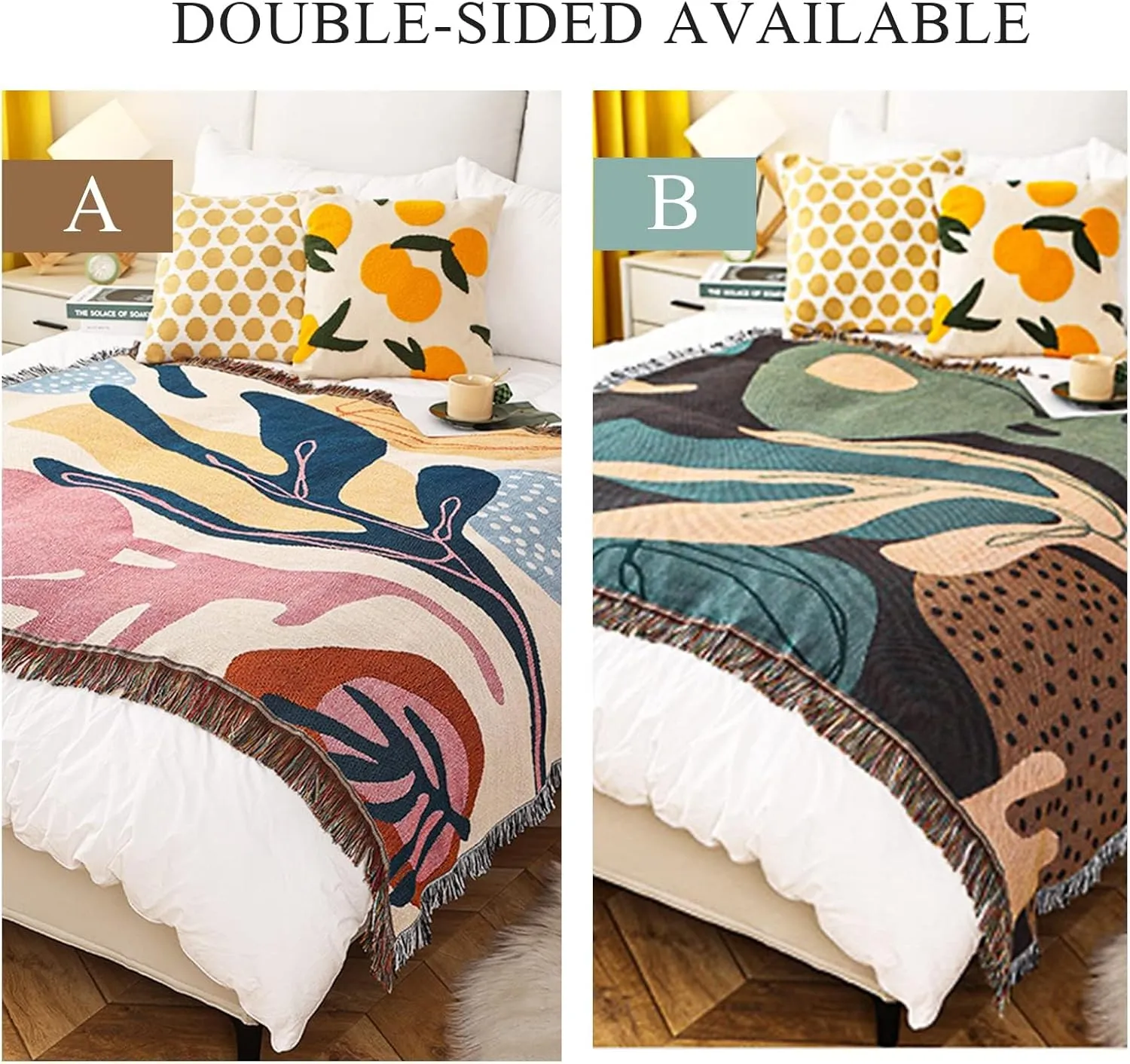 Double-Sided Cotton Woven Throw Blanket with Tassel Jungle Bohemian Style Tapestry Shawl Multi-Function Decorative Throws for Sofa Bed Armchair Camping Blanket Tablecloth Carpet 160x130cm