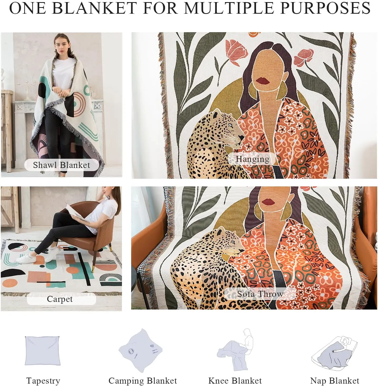 Double-Sided Cotton Woven Throw Blanket with Tassel Jungle Bohemian Style Tapestry Shawl Multi-Function Decorative Throws for Sofa Bed Armchair Camping Blanket Tablecloth Carpet 160x130cm