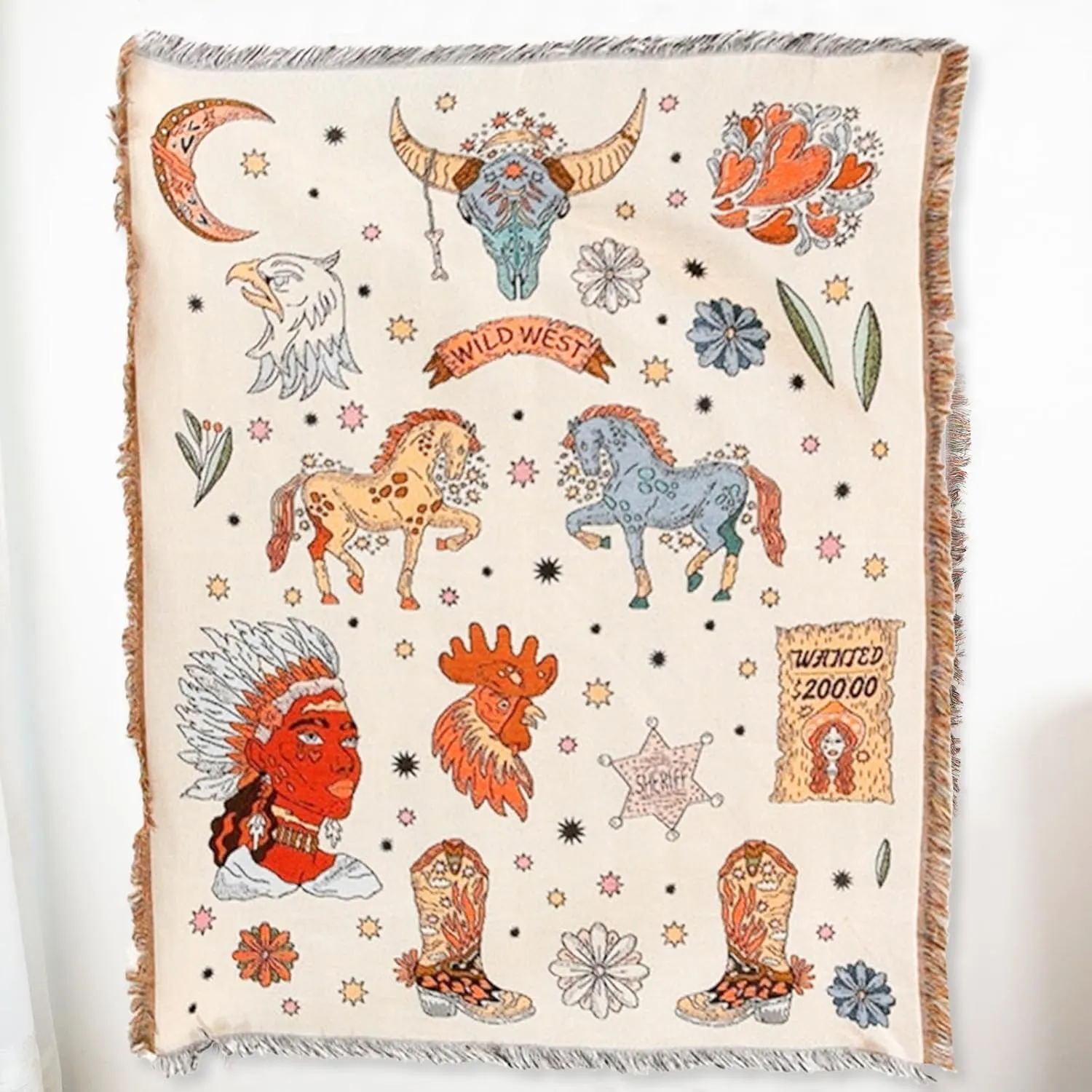 Double-Sided Cotton Woven Throw Blanket with Tassel Jungle Bohemian Style Tapestry Shawl Multi-Function Decorative Throws for Sofa Bed Armchair Camping Blanket Tablecloth Carpet 160x130cm