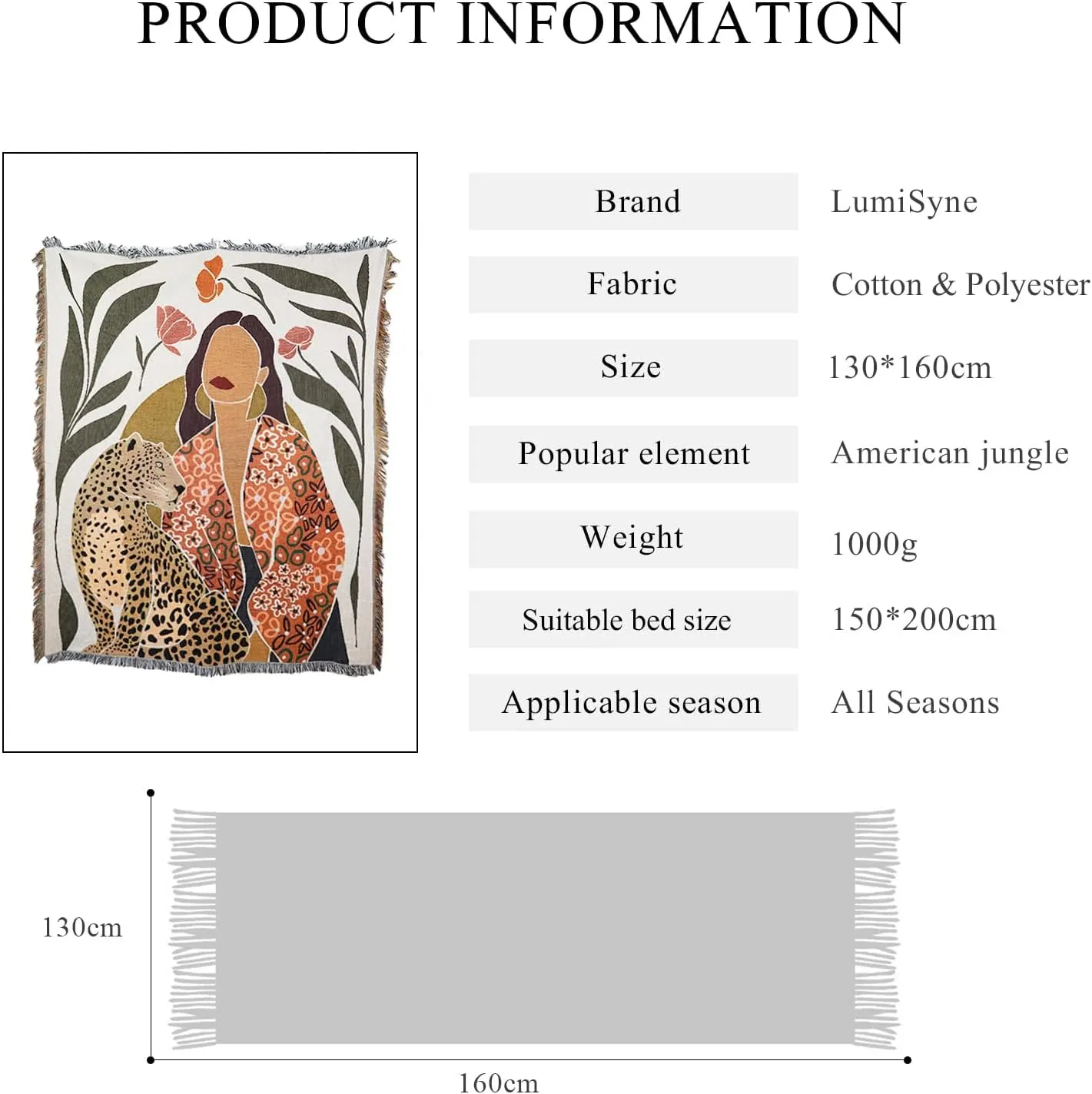 Double-Sided Cotton Woven Throw Blanket with Tassel Jungle Bohemian Style Tapestry Shawl Multi-Function Decorative Throws for Sofa Bed Armchair Camping Blanket Tablecloth Carpet 160x130cm