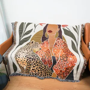 Double-Sided Cotton Woven Throw Blanket with Tassel Jungle Bohemian Style Tapestry Shawl Multi-Function Decorative Throws for Sofa Bed Armchair Camping Blanket Tablecloth Carpet 160x130cm