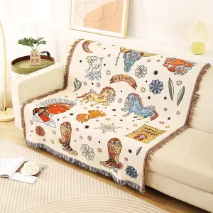 Double-Sided Cotton Woven Throw Blanket with Tassel Jungle Bohemian Style Tapestry Shawl Multi-Function Decorative Throws for Sofa Bed Armchair Camping Blanket Tablecloth Carpet 160x130cm