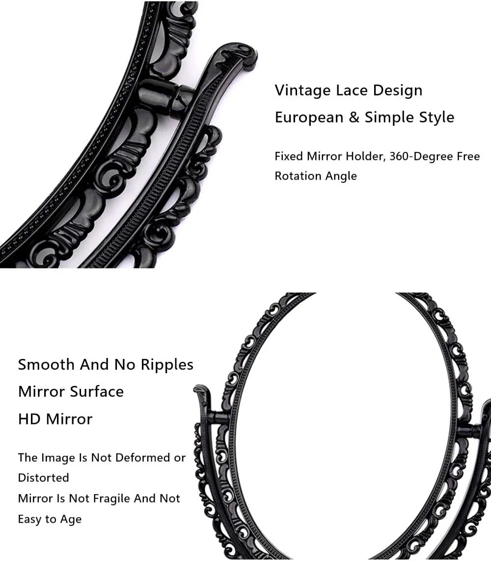 Double Sided Tabletop Makeup Mirror, Oval Swivel Desktop Stand, 360 Degree Rotation Vintage Two-Sided Mirror (Black)