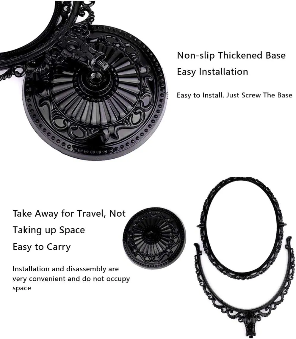 Double Sided Tabletop Makeup Mirror, Oval Swivel Desktop Stand, 360 Degree Rotation Vintage Two-Sided Mirror (Black)