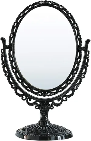 Double Sided Tabletop Makeup Mirror, Oval Swivel Desktop Stand, 360 Degree Rotation Vintage Two-Sided Mirror (Black)