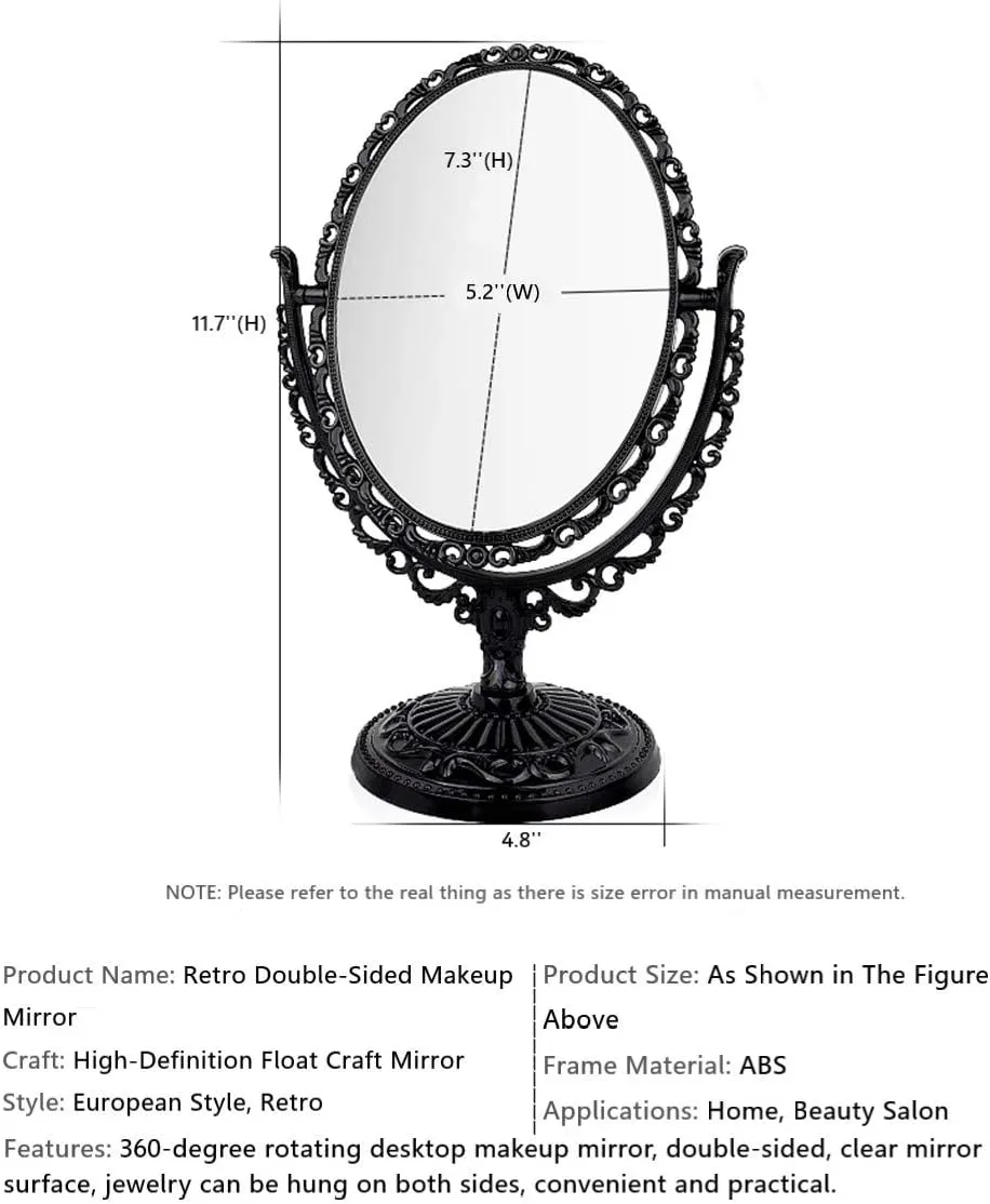 Double Sided Tabletop Makeup Mirror, Oval Swivel Desktop Stand, 360 Degree Rotation Vintage Two-Sided Mirror (Black)