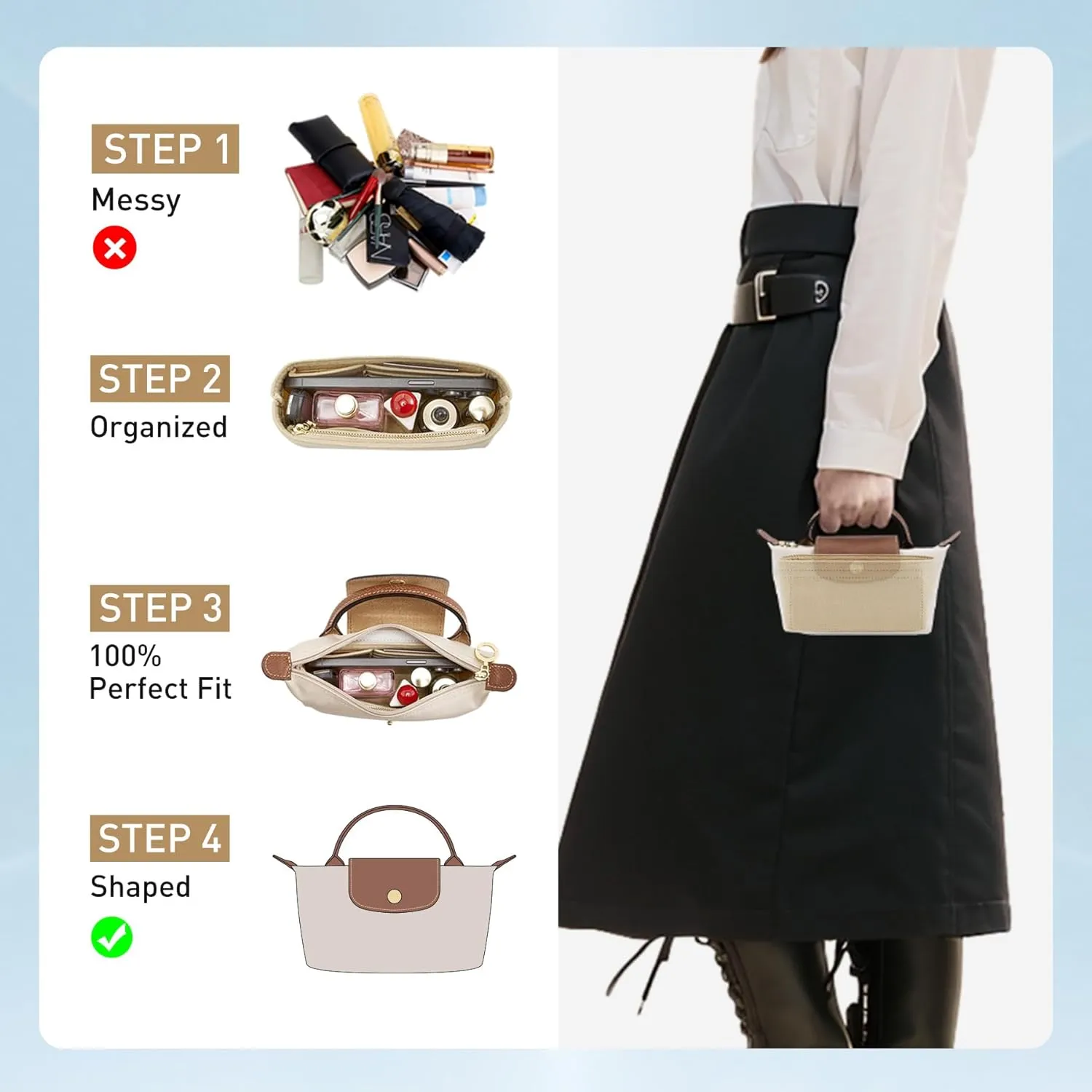 Doxo Longchamp Mini Organizer Insert,Suitable for Le-pliage XS and More,Keeps Tote Handbags Shaped & Neat(Black,Mini)